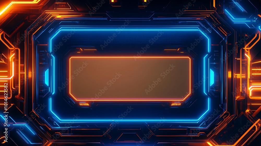 Poster Abstract futuristic background with glowing neon lights and empty space in the center.