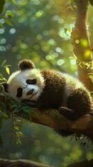 Obraz premium A baby panda is sleeping on a tree branch. The image has a peaceful and calming mood, as the baby panda is resting in a natural setting