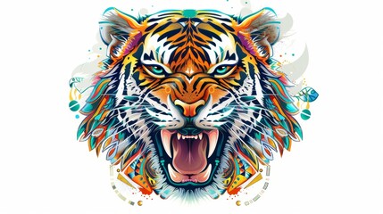 Realistic portrayal of a tiger head with vibrant tribal patterns.