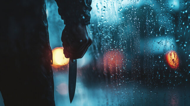 Close-up of a hand gripping a knife, silhouetted against a rainy window with blurred city lights in the background.

