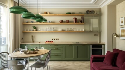 Chic flat with olive green kitchen cabinets, wooden shelves, cream walls, jade pendant lights, crimson sofa, and silver dining chairs