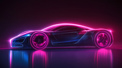 Vector illustration of an abstract futuristic neon-glowing concept car silhouette.