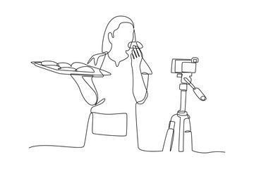 simple continuous line drawing of a food vlogger is filming in front of the camera. Food vlogger minimalist concept. Food, people, simple line.