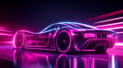 Vector illustration of an abstract futuristic neon-glowing concept car silhouette.