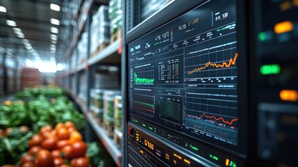 A close-up of a computer monitor displaying stock market data in a warehouse with fresh produce in the background.