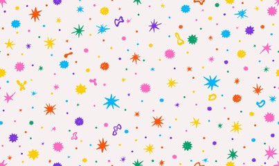 Seamless pattern hand drawn colorful sprinkle stars white background color confetti. Template seamless vector texture for holiday birthday party, celebration, background, banner, gift wrapping paper.