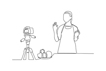 simple continuous line drawing of a food vlogger is filming in front of the camera. Food vlogger minimalist concept. Food, people, simple line.
