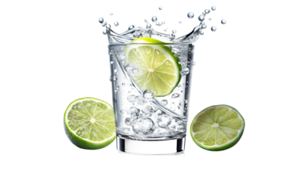 Glass of sparkling water with bubbles and lime  on transparent PNG