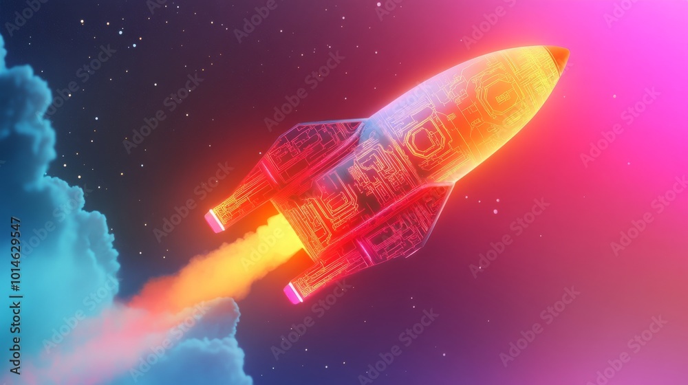 Aufkleber the rocket is illuminated in bright colors, emitting flames from its engines as it ascends into the 