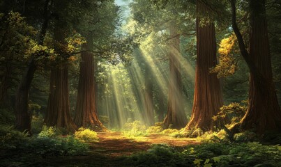 Obraz premium Sunlight beams through tall trees in a forest.