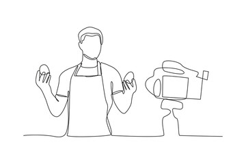 simple continuous line drawing of a food vlogger is filming in front of the camera. Food vlogger minimalist concept. Food, people, simple line.