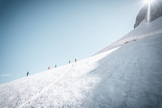Alps, hiking, mountaineering, snow, walking, background, screen saver, poster, teamwork, blue sky, minimal, Landscape