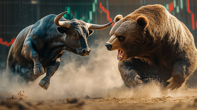 Stock market, bear, bull, illustration, art, crypto, finance, bank, fear greed
