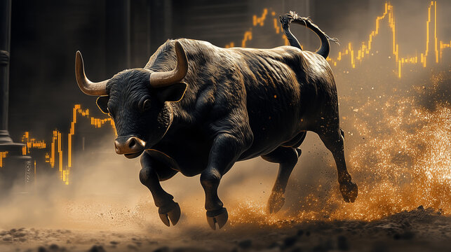 Bull run, stocks, increase, profits, money, finance, art, 