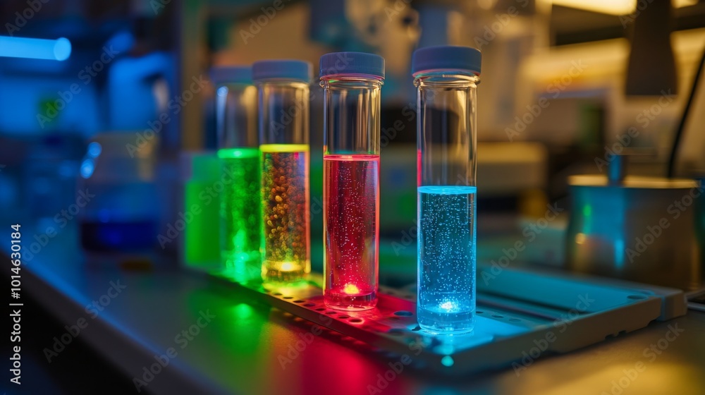 Aufkleber Various clear test tubes filled with brightly colored liquids glow under artificial lights in a laboratory setting. Each tube displays different hues, showcasing a mix of colors during an experiment.