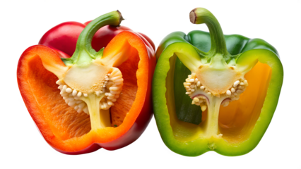 A vibrant bell pepper cut in half showing the seeds and inner structure on a transparent PNG
