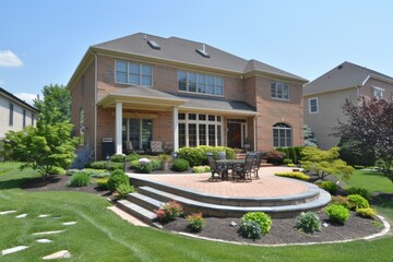 A brick house with a large patio and lush landscaping. The patio has a table and chairs, perfect for outdoor dining.