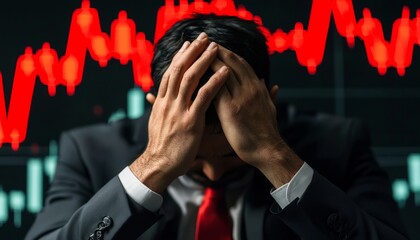 A stressed businessman with hands on face, depicting financial loss and market downturn against a backdrop of red graphs.