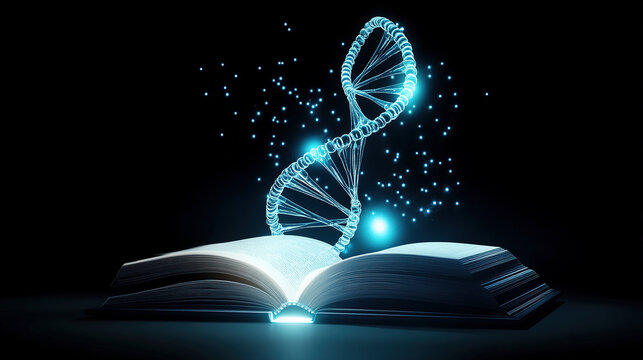 A transparent DNA helix floating above an open book