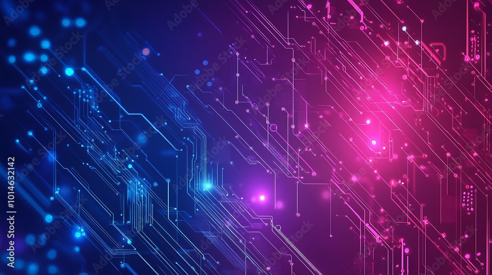 Poster abstract background with glowing circuit board pattern in blue and pink.