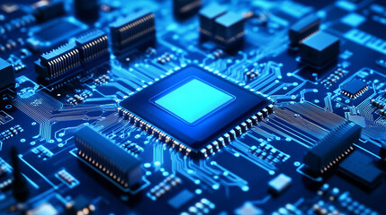Fototapeta premium Zintegrowany mikrochip w detalach, z widocznymi układami scalonymi i miniaturowymi komponentami. Jego skomplikowana struktura ukazuje inżynieryjny kunszt oraz zaawansowaną technologię.