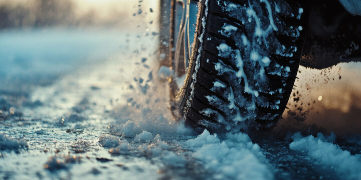 Close-up of a car tire driving through snow and slush on an icy road, showcasing rugged traction and challenging winter conditions.

