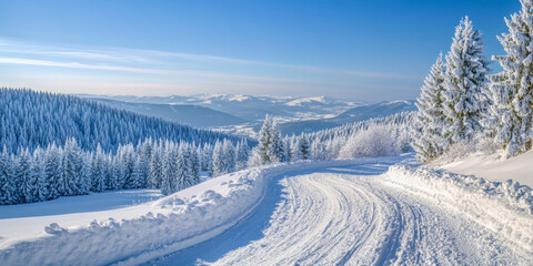 Fototapeta premium A scenic winter landscape with a winding snow-covered road passing through a frosty forest, surrounded by snowy mountains and clear blue skies.