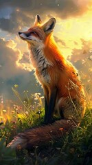 Obraz premium A fox is sitting in a field of flowers. The fox is orange and has a happy expression on its face