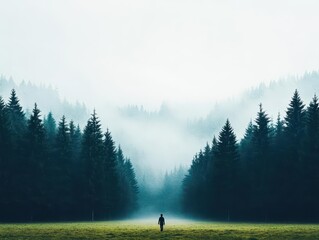 A lone figure walking through a dense fog in a forest, evoking mystery and uncertainty, grayscale, high contrast, moody atmosphere