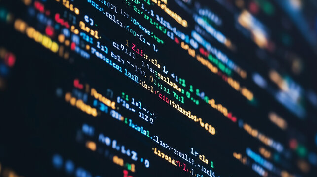 Abstrakcyjne tło technologiczne przedstawiające kod programistyczny w dynamicznej kompozycji. R&oacute;żnorodne linie kodu, symbole i znaki specjalne tworzą złożony wz&oacute;r.