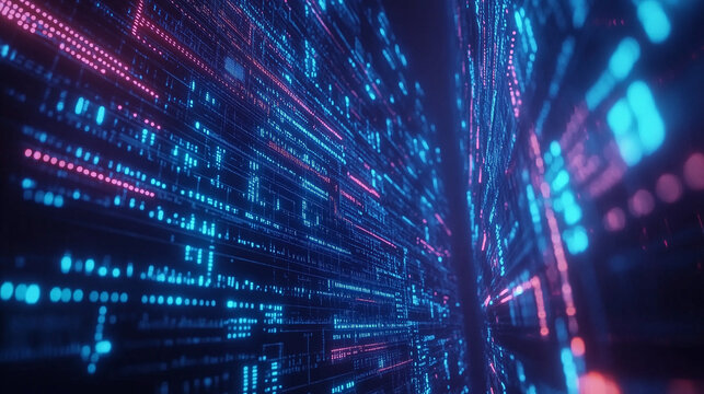 Abstrakcyjne tło technologiczne przedstawiające kod programistyczny w dynamicznej kompozycji. R&oacute;żnorodne linie kodu, symbole i znaki specjalne tworzą złożony wz&oacute;r.