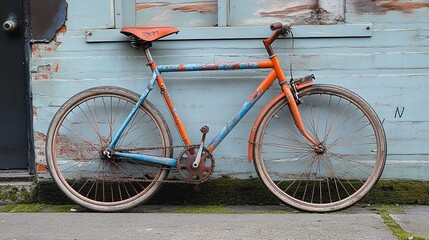 "Vintage Orange and Blue Bicycle Stationed on a Weathered Sidewalk"