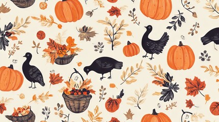 Thanksgiving-themed pattern with pumpkins, cornucopias, and turkey silhouettes on a soft beige background.