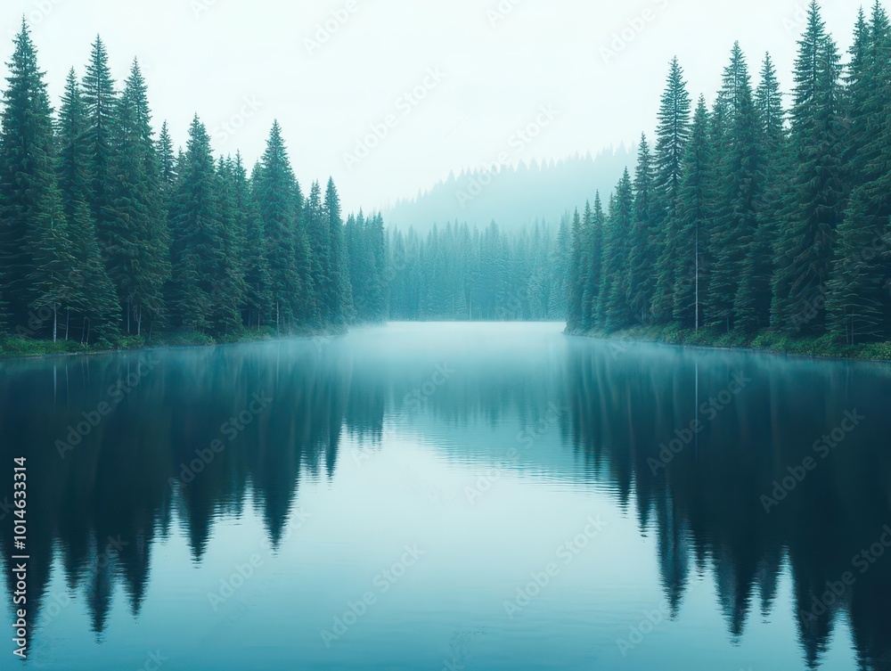 Aufkleber a quiet lake surrounded by tall pine trees, mist rising from the water, evoking serenity and introsp