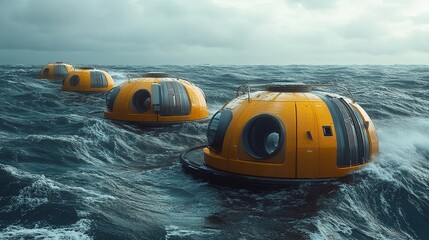 Three orange pods float in the ocean, harnessing wave energy for renewable electricity generation.