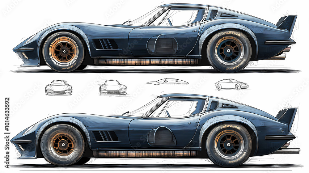 Wall mural retro sport car. hand drawn car front back top and side view. vector illustration