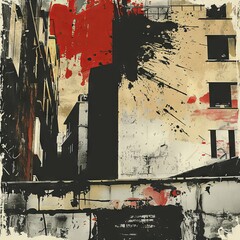 Fototapeta premium Dynamic urban abstract art featuring bold red and black paint splashes on building walls, capturing the essence of modern city life.