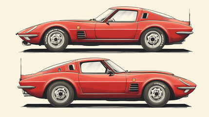 Retro sport car. Hand drawn car front back top and side view. Vector illustration