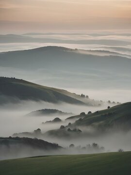 A foggy morning sky with thick clouds hanging low, shrouding distant hills and creating a peaceful, quiet scene
