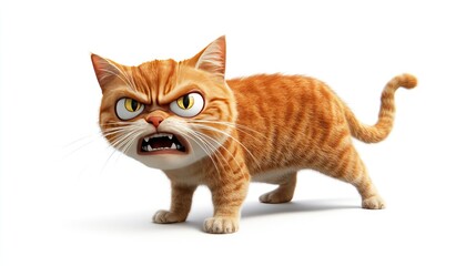 Obraz premium An irate cat with wide eyes and a comical expression of surprise, standing on a white background, looking animated and exaggerated.