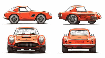 Naklejka premium Retro sport car. Hand drawn car front back top and side view. Vector illustration