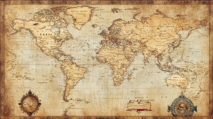 A vintage world map with old ornaments and display settings, symbolizing travel or adventure