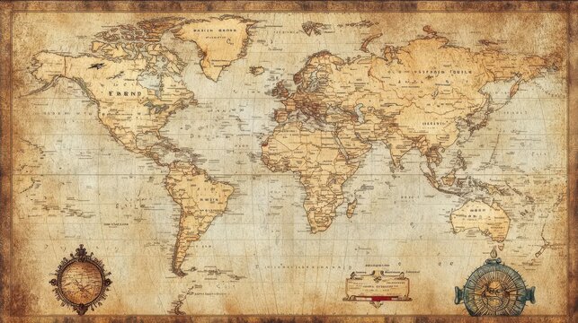 Fototapeta A vintage world map with old ornaments and display settings, symbolizing travel or adventure