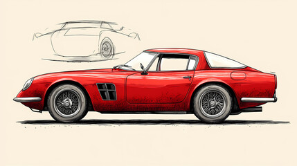 Retro sport car. Hand drawn car front back top and side view. Vector illustration