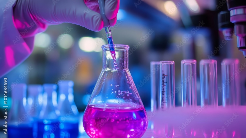 Poster A researcher in a lab coat carefully adds a liquid to a flask filled with vibrant pink solution while surrounded by various glassware, creating a captivating atmosphere of scientific discovery.