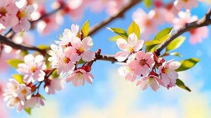 Pink cherry tree blossom flowers blooming in spring, easter time against a natural sunny blurred garden banner background of blue, yellow and white bokeh
