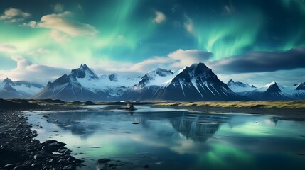 Vibrant Aurora Borealis Over Icy Peaks in Iceland