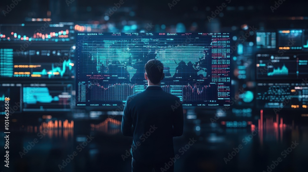 Poster investor standing in front of a virtual screen displaying global financial markets, dark background,