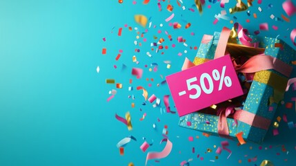 A vibrant gift box adorned with ribbons and surrounded by colorful confetti displays a bold discount sign showcasing 50 percent off, creating celebratory atmosphere perfect for promotions.