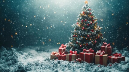 Obraz premium Festive Christmas Tree with Gifts in Snowy Atmosphere